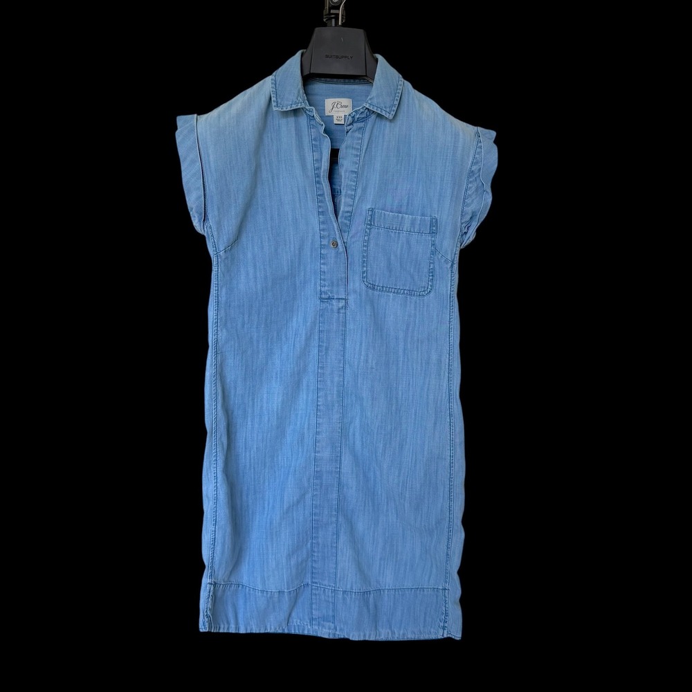 J.Crew Womens XXS Blue Cotton Lyocell Chambray Shift Dress Short Sleeve Pocket
